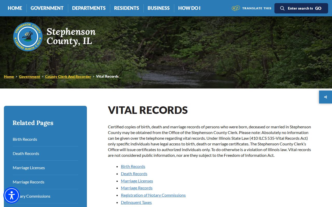 Stephenson County vital records access page
