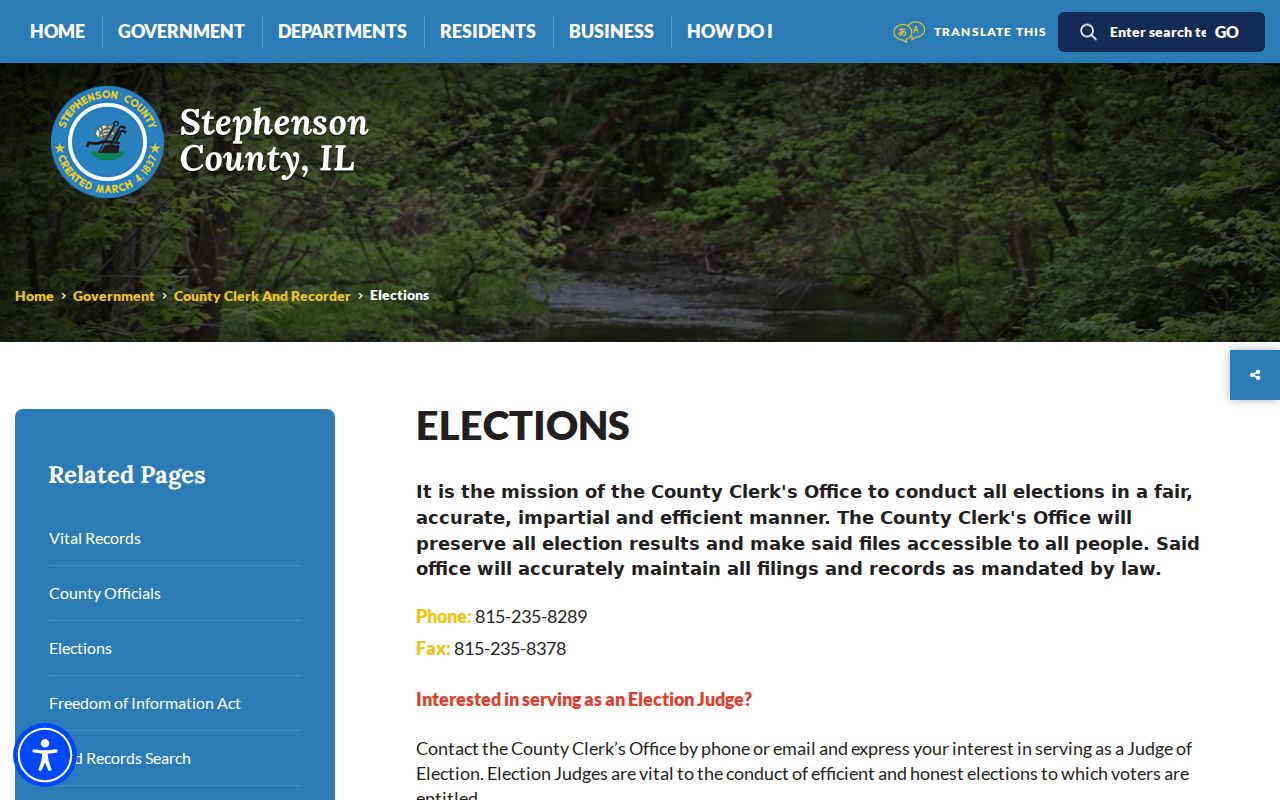 Stephenson County elections page with Freeport ward and precinct map routes