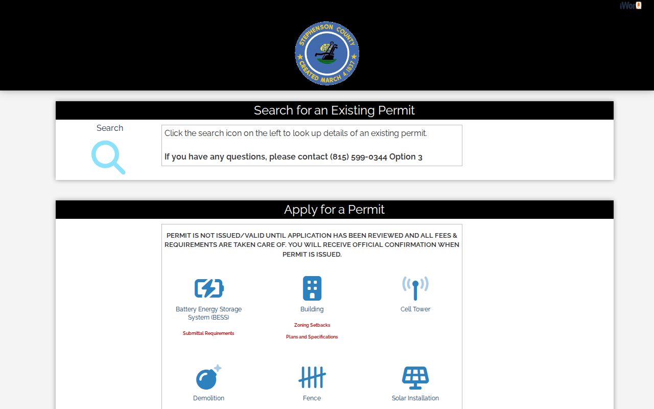 Stephenson County iWorQ permit portal used for Freeport block activity