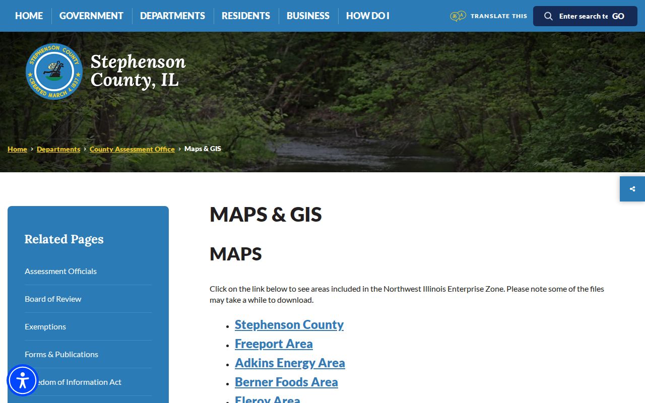 Stephenson County maps and WinGIS route for Freeport street research