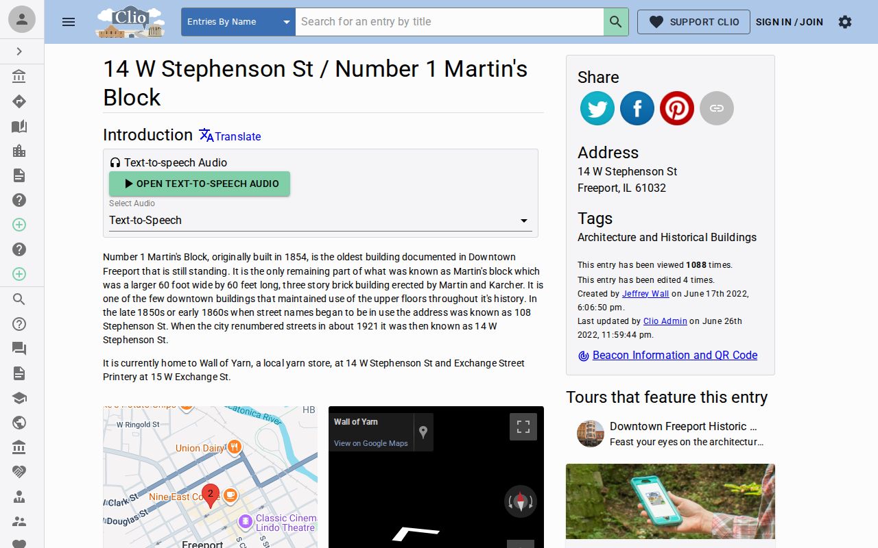 Martin's Block history showing a Freeport street address change