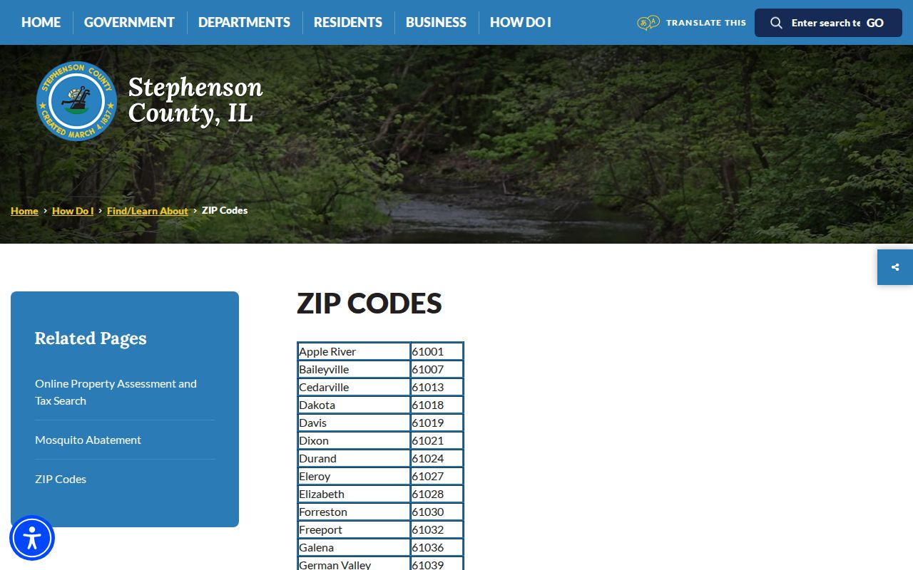 Stephenson County page listing Freeport with ZIP code 61032