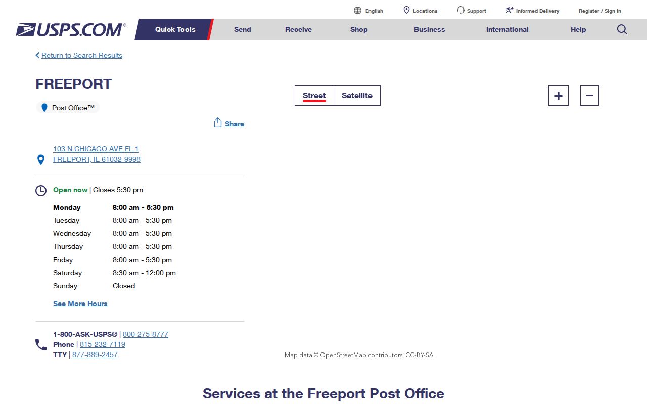 USPS Freeport Post Office location details for ZIP code 61032